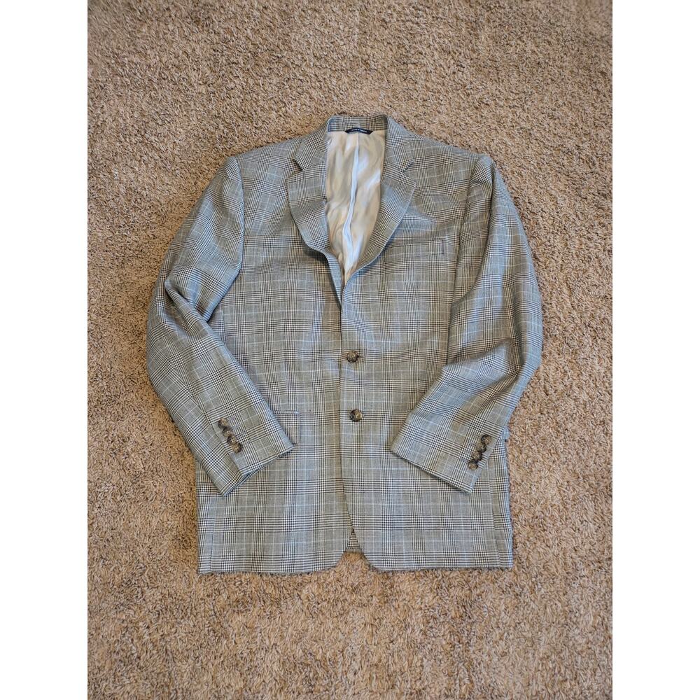 Ralph Ralph Lauren wool silk linen blend glen plaid houndstooth blue grey 40R